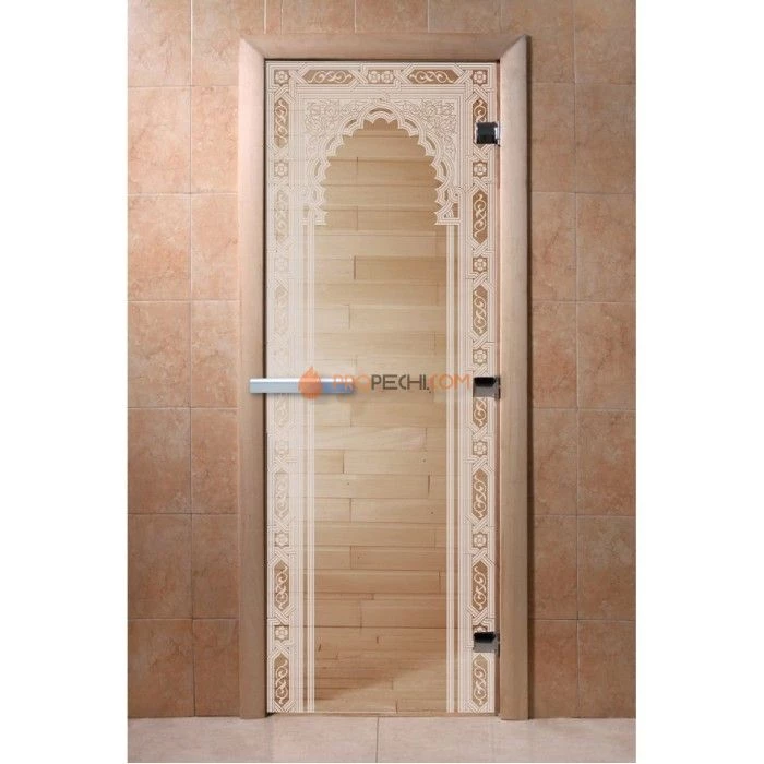 Дверь для бани DoorWood с рисунком Восточная арка Прозрачная, 2100x800 мм