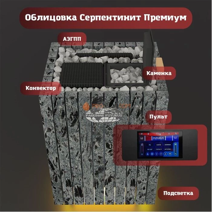 Электрическая печь Инжкомцентр ВВД ПАРиЖАР Футурус 18 кВт / 380 В (серпентинит Премиум), паротермальная