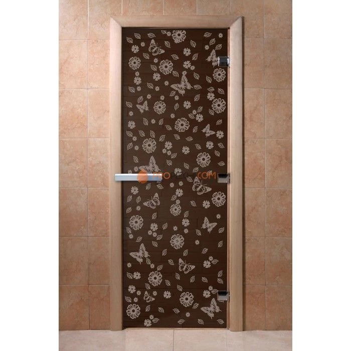 Дверь для бани DoorWood с рисунком Цветы и бабочки Черный жемчуг, 2000x800 мм