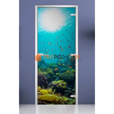 Стеклянная межкомнатная дверь DoorWood с фотопечатью Underwater World-06, 2000х700 мм