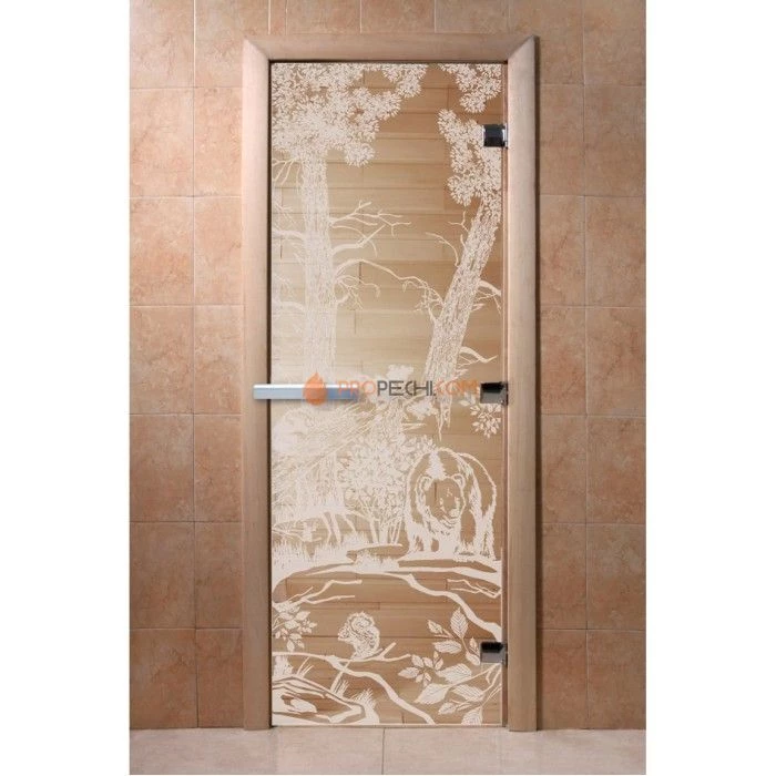 Дверь для бани DoorWood с рисунком Мишки Прозрачная, 2000x900 мм