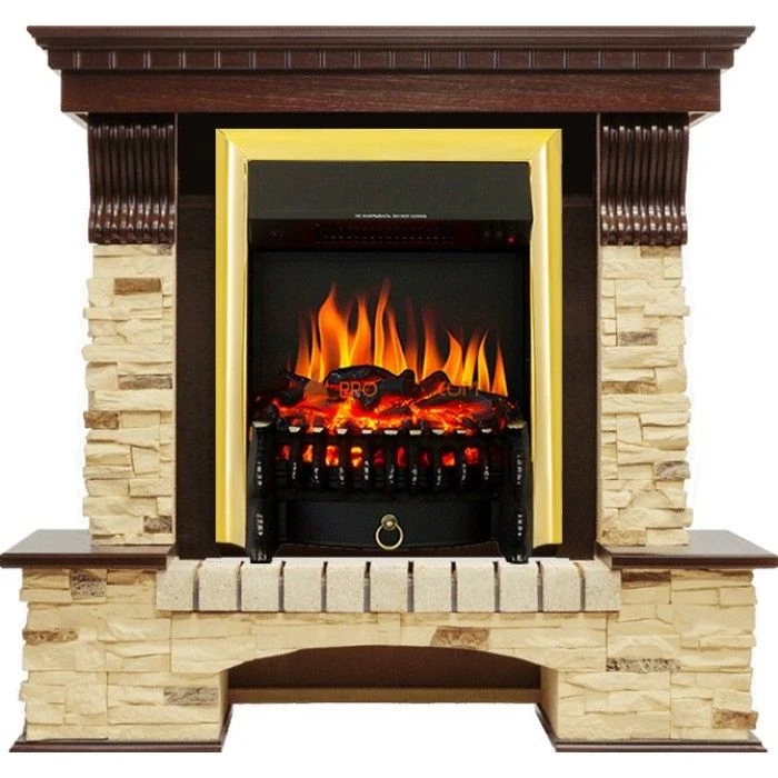 Каминокомплект Royal Flame Pierre Luxe угловой - Темный дуб / Сланец с очагом Fobos FX Brass