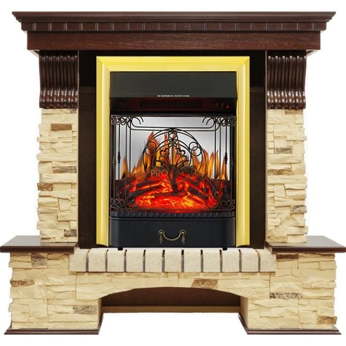 Каминокомплект Royal Flame Pierre Luxe угловой - Темный дуб / Сланец с очагом Majestic FX M Brass