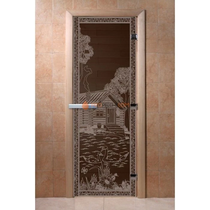 Дверь для бани DoorWood с рисунком Банька в лесу Черный жемчуг, 1900x700 мм