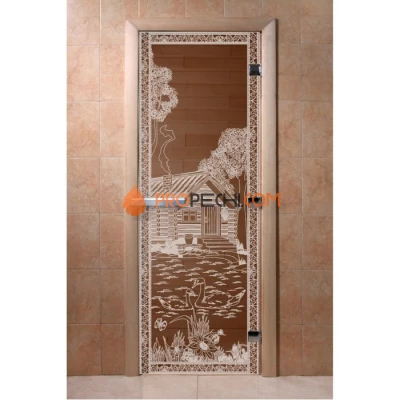 Дверь для бани DoorWood с рисунком Банька в лесу Бронза, 1800x800 мм