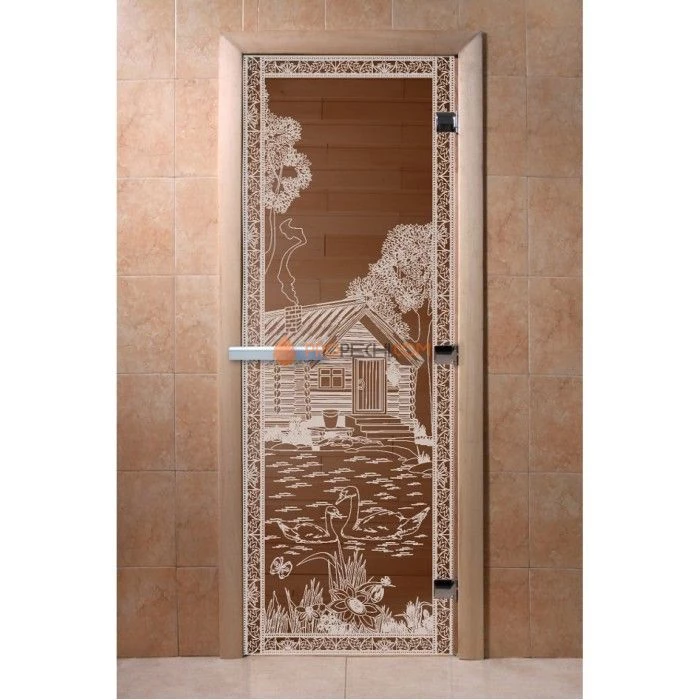 Дверь для бани DoorWood с рисунком Банька в лесу Бронза, 2000x600 мм