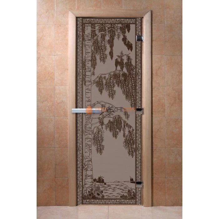 Дверь для бани DoorWood с рисунком Березка Черный жемчуг матовая, 2000x800 мм