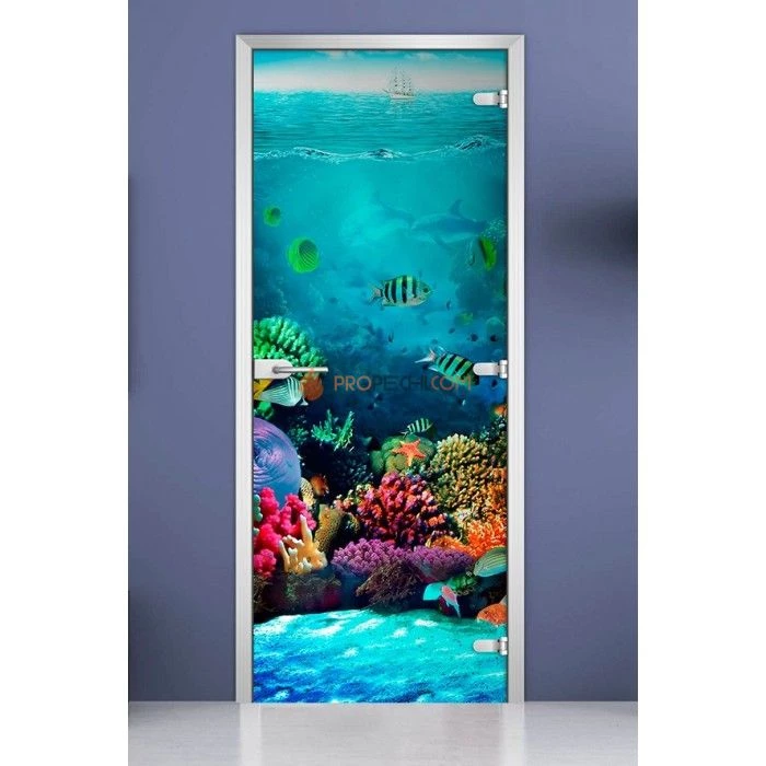 Стеклянная межкомнатная дверь DoorWood с фотопечатью Underwater World-19, 2000х600 мм
