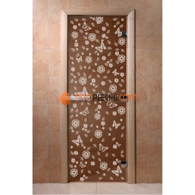 Дверь для бани DoorWood с рисунком Цветы и бабочки Бронза, 2100x800 мм