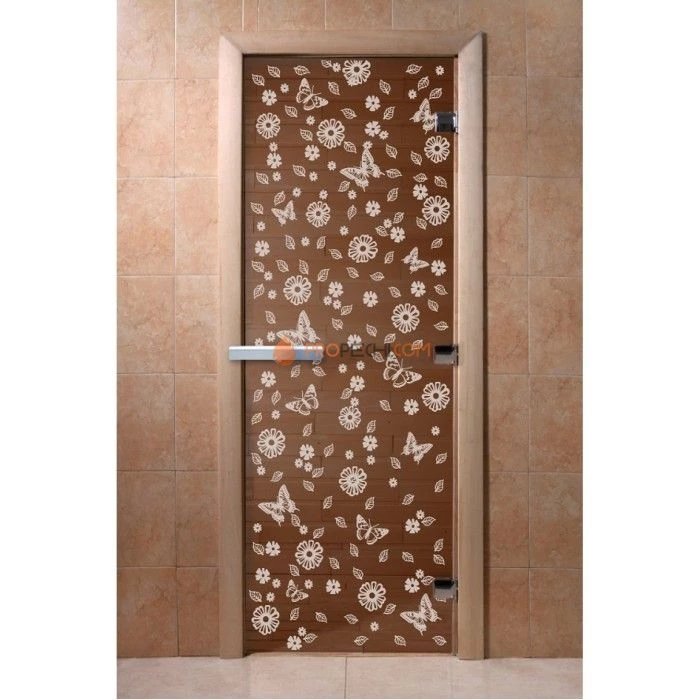 Дверь для бани DoorWood с рисунком Цветы и бабочки Бронза, 2000x700 мм