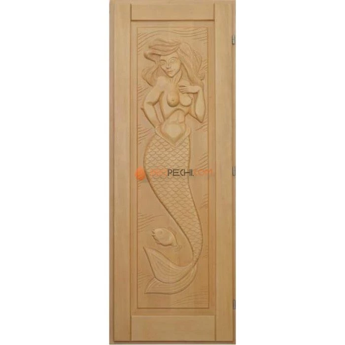 Дверь для бани DoorWood деревянная Массив с резьбой Русалка (1900х700 мм)
