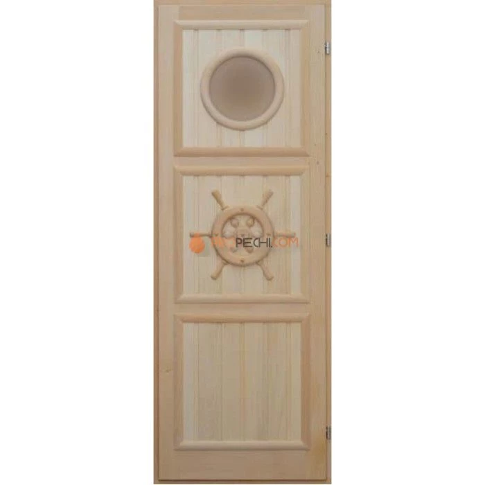 Дверь для бани DoorWood деревянная Массив с резьбой Штурвал (1850х750 мм)