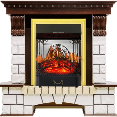 Каминокомплект Royal Flame Pierre Luxe угловой - Темный дуб / Белый с очагом Majestic FX M Brass