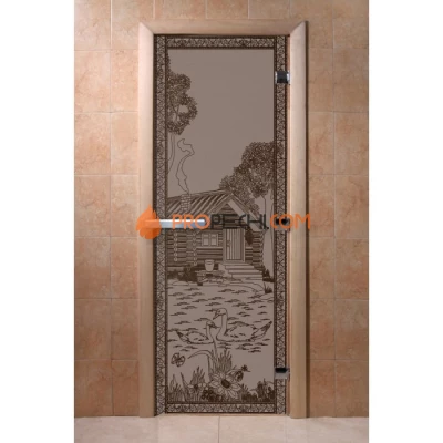 Дверь для бани DoorWood с рисунком Банька в лесу Черный жемчуг матовая, 1900x700 мм
