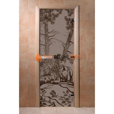 Дверь для бани DoorWood с рисунком Мишки Черный жемчуг матовая, 1900x700 мм