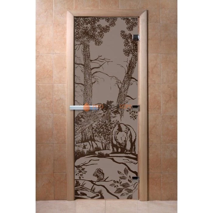 Дверь для бани DoorWood с рисунком Мишки Черный жемчуг матовая, 1900x700 мм