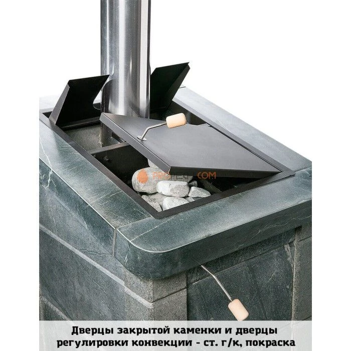 Чугунная печь для бани Инжкомцентр ВВД Сударушка Семейная РК (серпентинит Бархат) с чугунным порталом и чугунной дверцей, с фасками, дымоход сверху