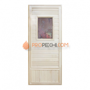 Дверь для бани DoorWood деревянная Вагонка эконом со стеклом Девушка в баньке (1850x750 мм)